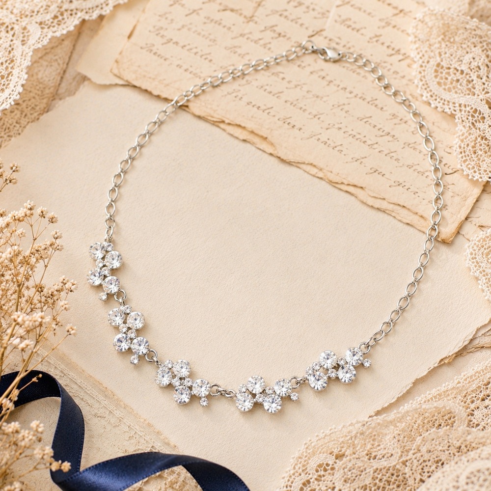 Crystal Rhinestone Statement Collar Necklace Bridal Silver Tone Clear Adjustable